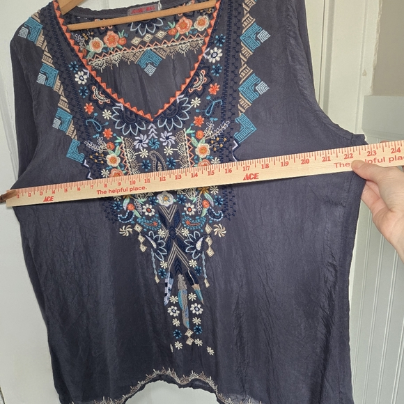 Johnny Was Grey Embroidered Tunic Blouse Sheer Gypsy Bohemian Hippie Size L - Picture 13 of 14